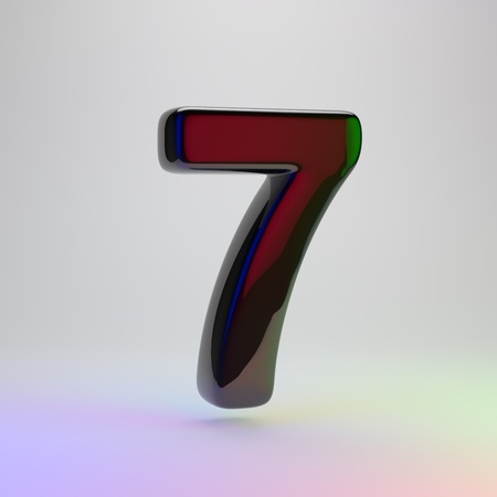 3d number 7. Black font with red, green and blue lights reflection isolated on light backgroundの写真素材