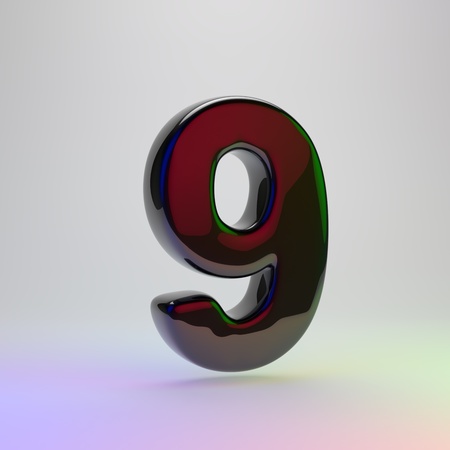 3d number 9. Black font with red, green and blue lights reflection isolated on light backgroundの写真素材