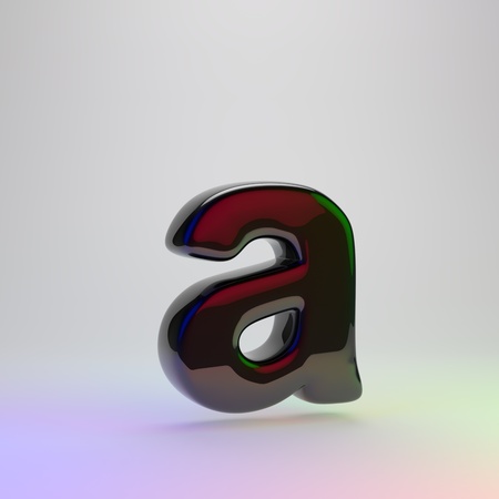 3d letter A lowercase. Black font with red, green and blue lights reflection isolated on light backgroundの写真素材