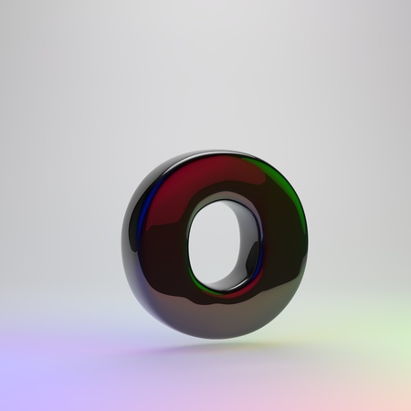 3d letter O lowercase. Black font with red, green and blue lights reflection isolated on light backgroundの写真素材