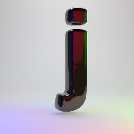 3d letter J lowercase. Black font with red, green and blue lights reflection isolated on light backgroundの写真素材