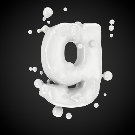 3d letter G lowercase. Milk font with drops isolated on black background. 3D render.の写真素材
