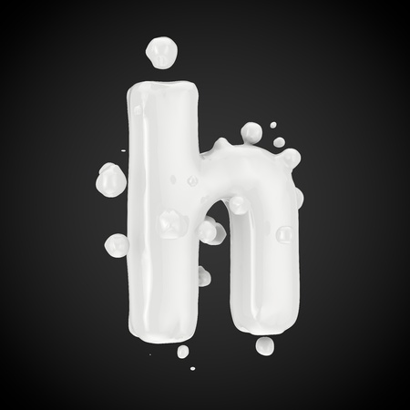 3d letter H lowercase. Milk font with drops isolated on black background. 3D render.の写真素材