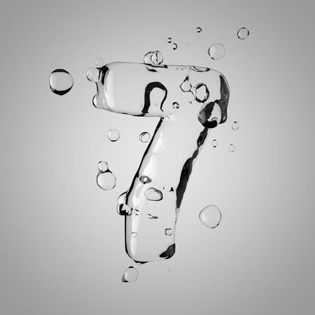 3D water number 7. 3D rendering transparent water font with drops isolated on light background.の写真素材