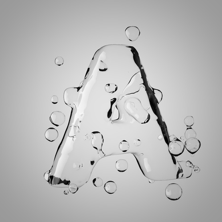 3D water letter A uppercase. 3D rendering transparent water font with drops isolated on light background.の写真素材