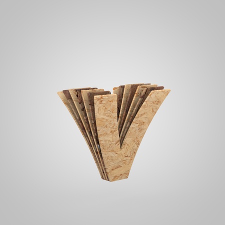 3D wooden letter V lowercase. 3D rendering chipboard font. Cutaway plywood alphabet isolated on white backgroundの写真素材