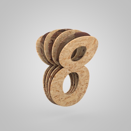 3D wooden number 8. 3D rendering chipboard font. Cutaway plywood alphabet isolated on white backgroundの写真素材