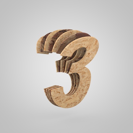3D wooden number 3. 3D rendering chipboard font. Cutaway plywood alphabet isolated on white backgroundの写真素材