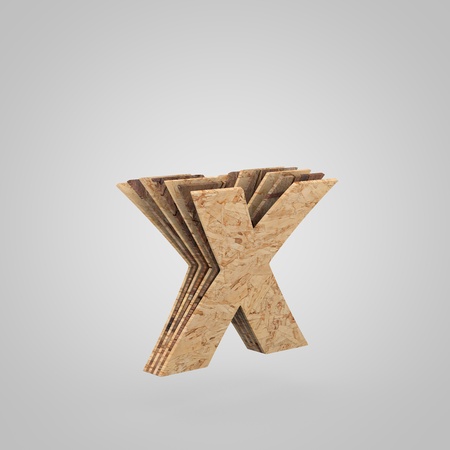 3D wooden letter X lowercase. 3D rendering chipboard font. Cutaway plywood alphabet isolated on white backgroundの写真素材