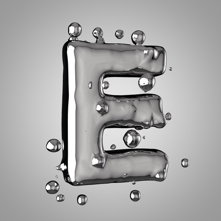 3D mercury letter E uppercase. 3D rendering liquid metal font with drops isolated on light background.の写真素材