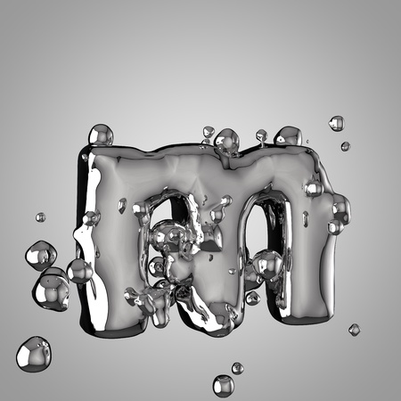 3D mercury letter M lowercase. 3D rendering liquid metal font with drops isolated on light background.の写真素材