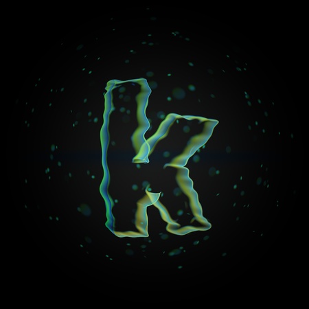 Microscopic letter K lowercase. 3D rendered nano font with tiny particles isolated on black backgroundの写真素材