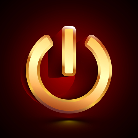 3D stylized Power Button icon. Glossy golden vector icon. Isolated volumetric symbol illustration on dark background with shadow.のイラスト素材