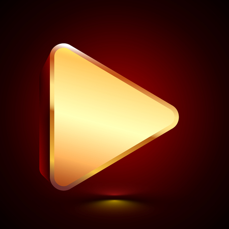 3D stylized Play icon. Glossy golden vector icon. Isolated volumetric symbol illustration on dark background with shadow.のイラスト素材