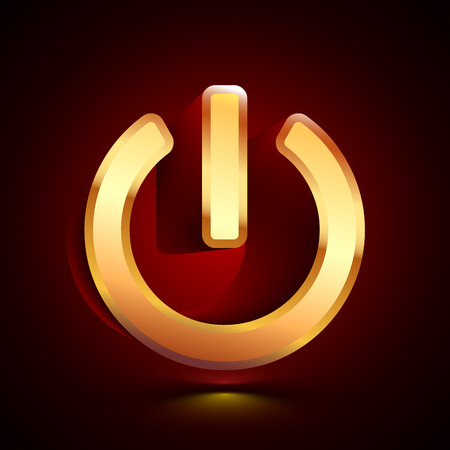 3D stylized Power Button icon. Glossy golden vector icon. Isolated volumetric symbol illustration on dark background with shadow.のイラスト素材