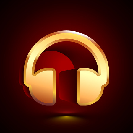 3D stylized Headphones icon. Glossy golden vector icon. Isolated volumetric symbol illustration on dark background with shadow.のイラスト素材