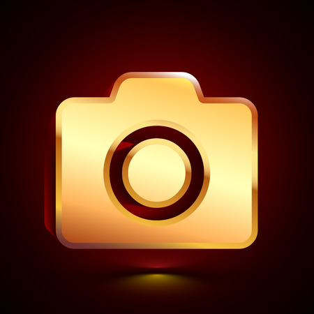 3D stylized Photo Camera icon. Glossy golden vector icon. Isolated volumetric symbol illustration on dark background with shadow.のイラスト素材