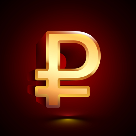 3D stylized Ruble icon. Glossy golden vector icon. Isolated volumetric symbol illustration on dark background with shadow.のイラスト素材