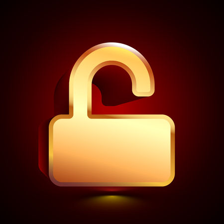 3D stylized Opened Lock icon. Glossy golden vector icon. Isolated volumetric symbol illustration on dark background with shadow.のイラスト素材
