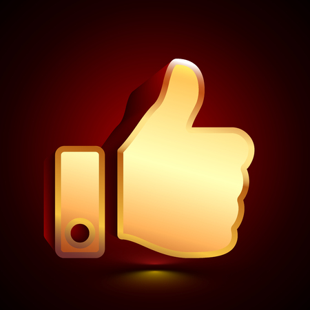 3D stylized Thumb Up icon. Glossy golden vector icon. Isolated volumetric symbol illustration on dark background with shadow.のイラスト素材