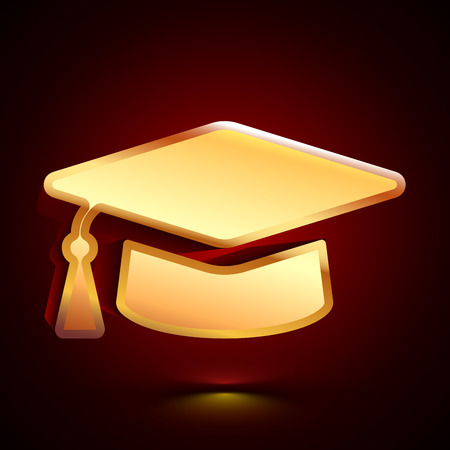 3D stylized Graduation Hat icon. Glossy golden vector icon. Isolated volumetric symbol illustration on dark background with shadow.のイラスト素材