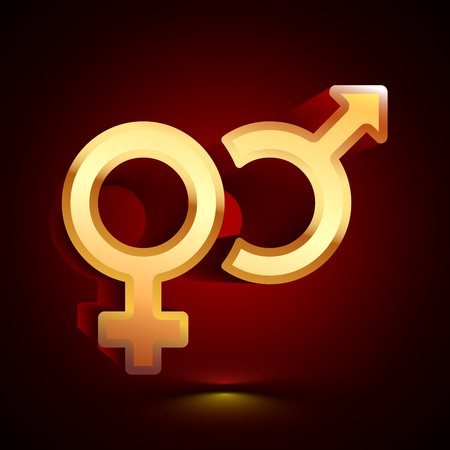 3D stylized Venus and Mars icon. Glossy golden vector icon. Isolated volumetric symbol illustration on dark background with shadow.のイラスト素材