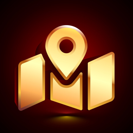 3D stylized Map with Marker icon. Glossy golden vector icon. Isolated volumetric symbol illustration on dark background with shadow.のイラスト素材
