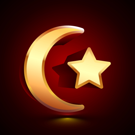 3D stylized Moon and Star Muslim icon. Glossy golden vector icon. Isolated volumetric symbol illustration on dark background with shadow.のイラスト素材