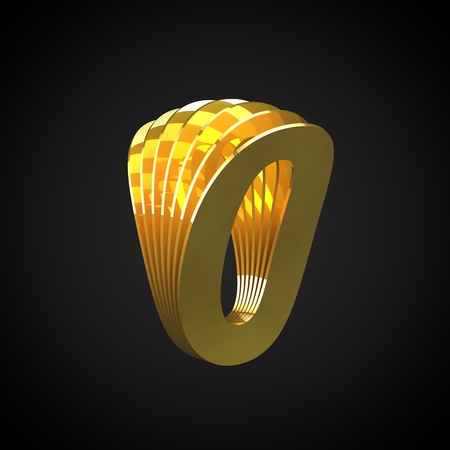 3D number 0. 3D render cutaway gold font. Golden alphabet symbol isolated on black backgroundの写真素材