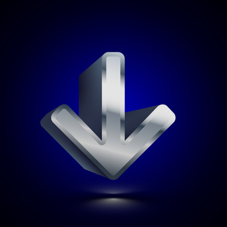 3D stylized Arrow Down icon. Glossy silver vector icon. Isolated volumetric symbol illustration on dark background with shadow.のイラスト素材