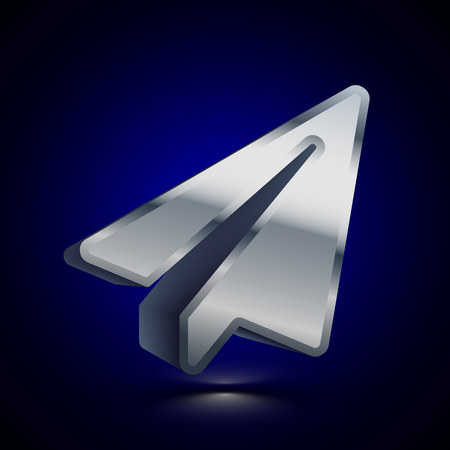 3D stylized Paper Plane icon. Glossy silver vector icon. Isolated volumetric symbol illustration on dark background with shadow.のイラスト素材