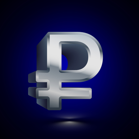 3D stylized Ruble icon. Glossy silver vector icon. Isolated volumetric symbol illustration on dark background with shadow.のイラスト素材