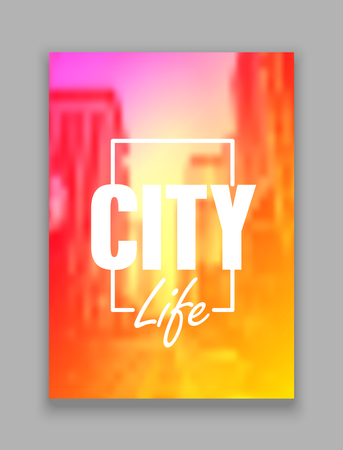 Magazibe abstract cover. Defocused city in background vector illustration. Trendy colors templateのイラスト素材