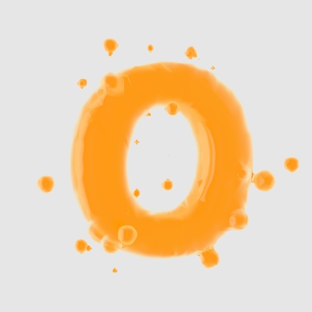 3d letter O uppercase. Orange Juice font with drops isolated on white background. 3D render.