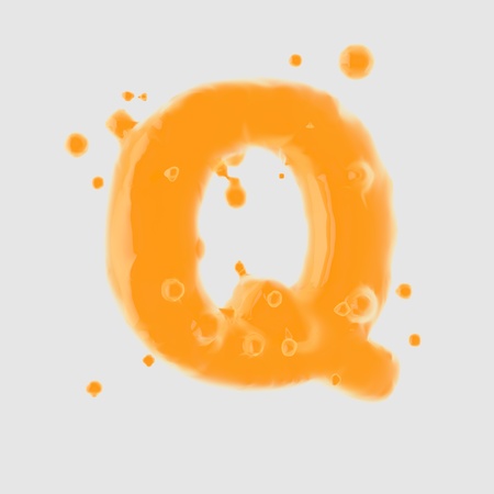 3d letter Q uppercase. Orange Juice font with drops isolated on white background. 3D render.の写真素材
