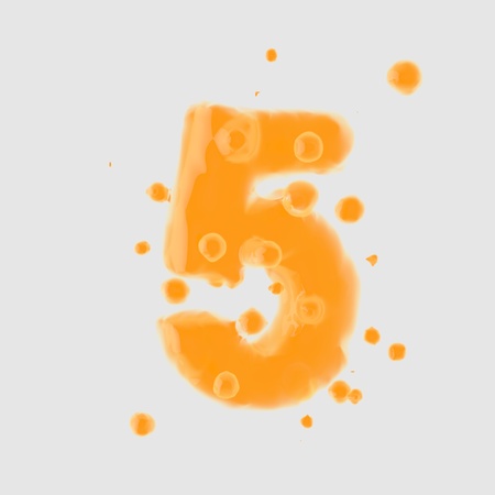 3d number 5. Orange Juice font with drops isolated on white background. 3D render.