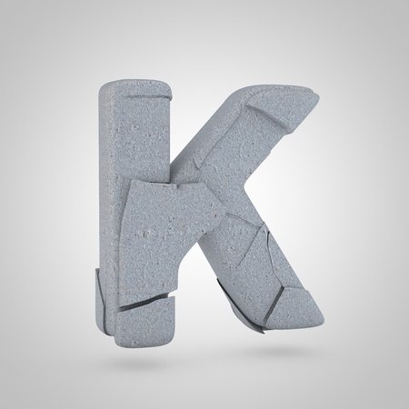 Concrete letter K uppercase. 3D render cracked stone font isolated on white backgroundの写真素材