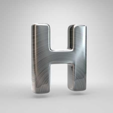 Brushed metal letter H uppercase. 3D render shiny metal font with light reflections isolated on white background.の写真素材