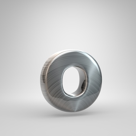 Brushed metal letter O lowercase. 3D render shiny metal font with light reflections isolated on white background.の写真素材