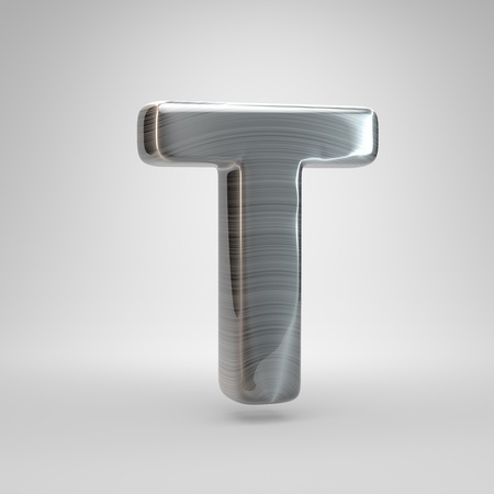 Brushed metal letter T uppercase. 3D render shiny metal font with light reflections isolated on white background.の写真素材