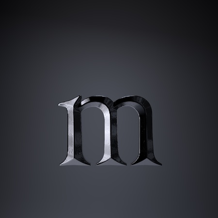 Chiseled iron letter M lowercase. 3d render cinematic title font isolated on black background.の写真素材