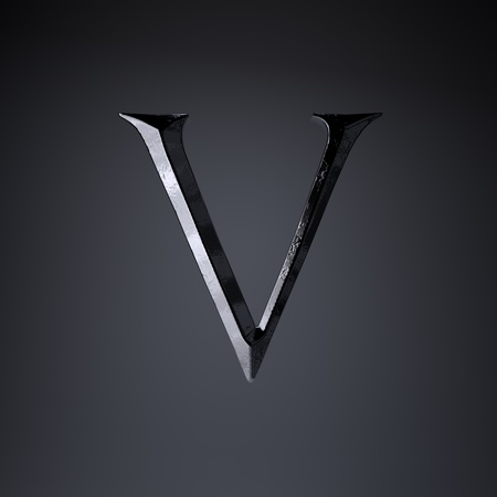 Chiseled iron letter V uppercase. 3d render cinematic title font isolated on black background.の写真素材
