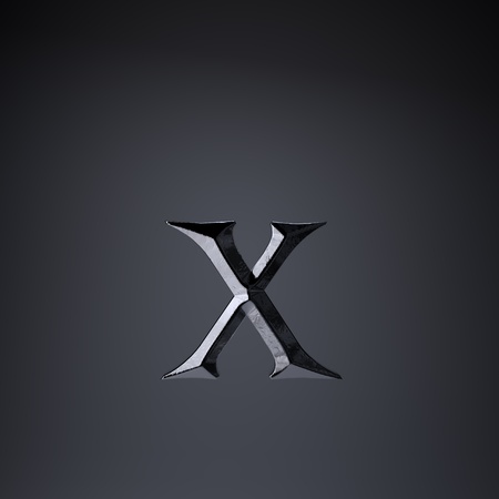 Chiseled iron letter X lowercase. 3d render cinematic title font isolated on black background.の写真素材