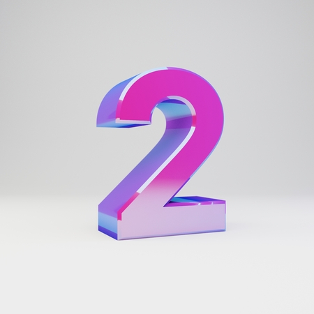 3d number 2. Rendered multicolor metal font with glossy pink and blue reflections isolated on white background.の写真素材
