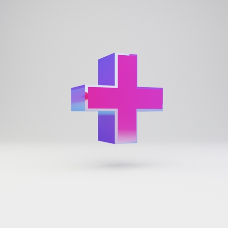 3d plus symbol. Rendered multicolor metal font with glossy pink and blue reflections isolated on white background.の写真素材