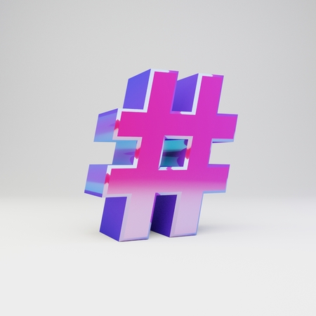 3d hashtag symbol. Rendered multicolor metal font with glossy pink and blue reflections isolated on...
