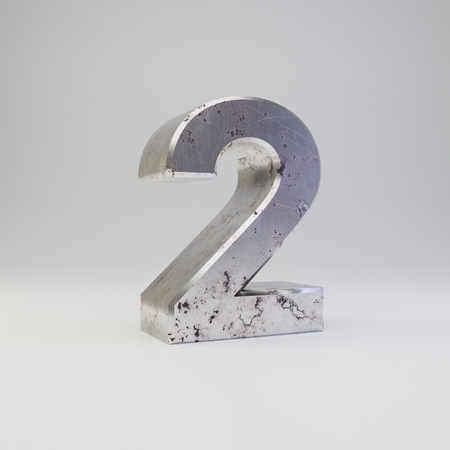 Metal number 2. 3D render scratched rusty metal font with shadow isolated on white background.の写真素材