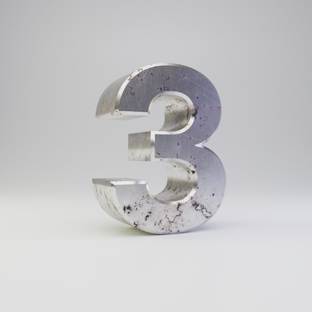 Metal number 3. 3D render scratched rusty metal font with shadow isolated on white background.