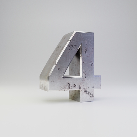 Metal number 4. 3D render scratched rusty metal font with shadow isolated on white background.の写真素材