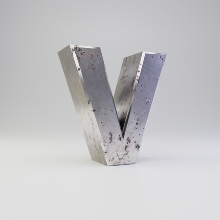 Metal letter V uppercase. 3D render scratched rusty metal font with shadow isolated on white background.の写真素材